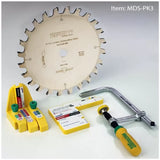 Woodworking saw blade, clamping tool, and yellow table saw accessories set