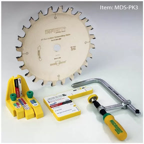 Woodworking saw blade, clamping tool, and yellow table saw accessories set
