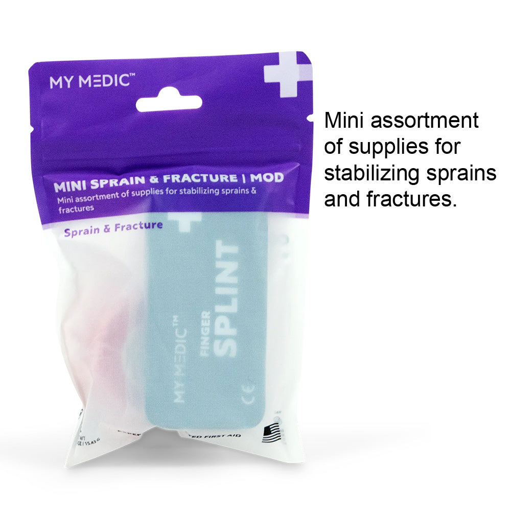 Mini sprain and fracture kit with finger splint and first aid supplies in sealed pouch