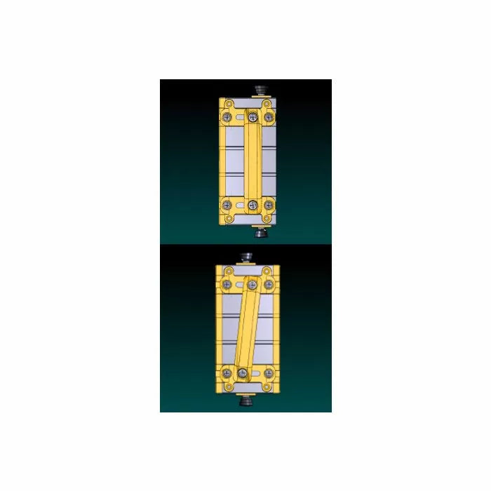Woodworking jig with yellow metal frame and adjustable guide, shown in two positions