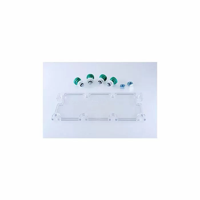 Acrylic woodworking jig with green and silver router guides and bearings on white background