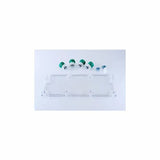 Acrylic woodworking jig with green and silver router guides and bearings on white background