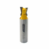 Dovetail router bit with yellow tip and steel shank for woodworking joinery