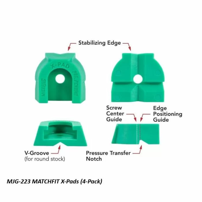 Green MATCHFIT X-Pads with labeled features for woodworking clamps, pack of 4.