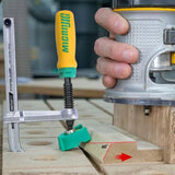 Woodworking router and MATCHFIT dovetail clamp fixing an angled wooden piece on a workbench.
