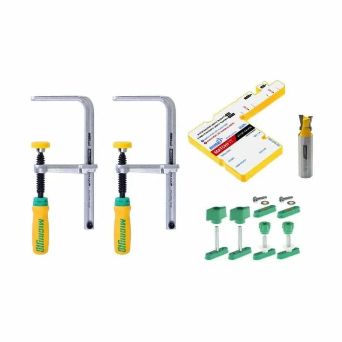 Woodworking clamp set, router bit, jig accessories, and setup gauge on white background