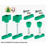 MATCHFIT hardware variety pack with green knobs, threaded bolts, washers, and metal screws for woodworking.