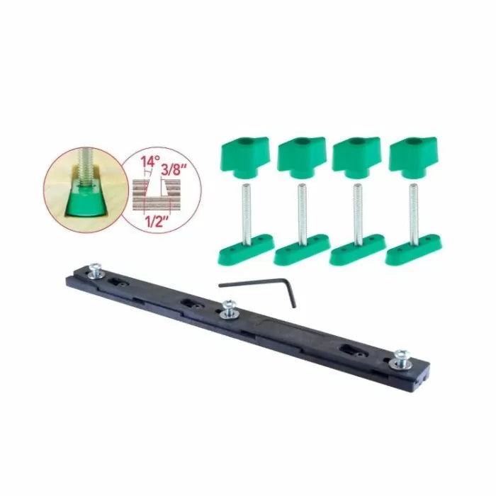 Woodworking dovetail jig kit with four green clamps, black rail, and hex key on white background