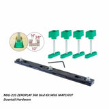 ZEROPLAY 360 Sled Kit with MATCHFIT dovetail hardware, green knobs, and black rail for woodworking jigs