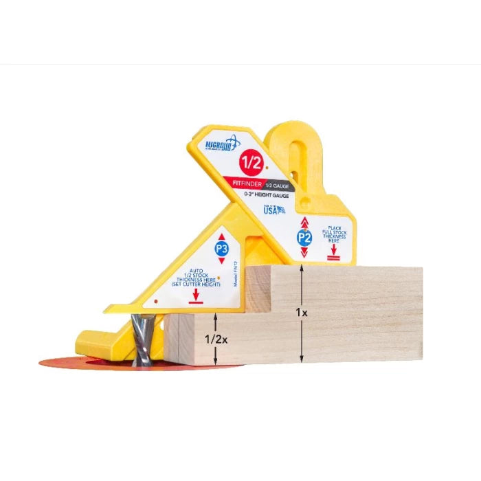 Yellow woodworking gauge tool measuring wooden board thickness on a router table