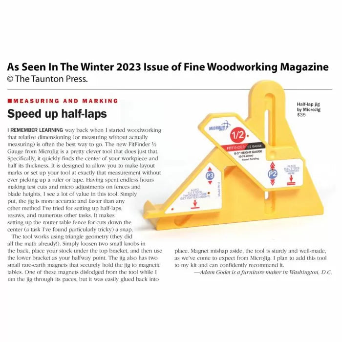 Yellow half-lap jig for woodworking measuring, featured in Fine Woodworking magazine review.