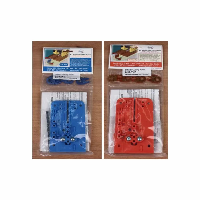 Two packaged woodworking jigs in blue and red for saw blade alignment on a wood surface.