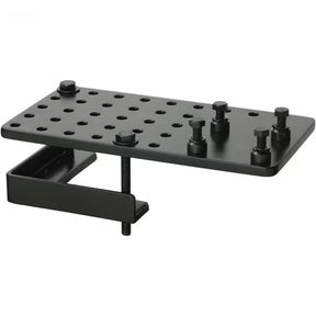 Adjustable metal jig with clamp and multiple holes for woodworking precision setup