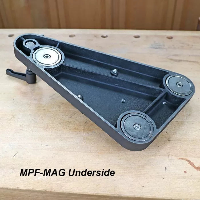 MPF-MAG underside with three magnets on a woodworking bench