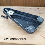 MPF-MAG underside with three magnets on a woodworking bench