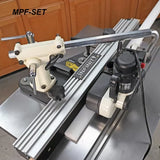 Router table fence system with micro-adjustment and featherboard, woodworking tool setup