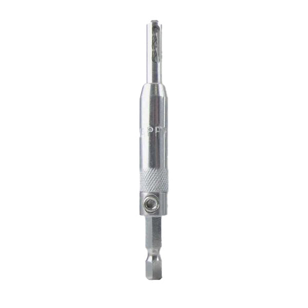 Self-centering drill bit for woodworking hinge installation, silver metal tool on white background