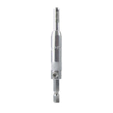 Self-centering drill bit for woodworking hinge installation, silver metal tool on white background