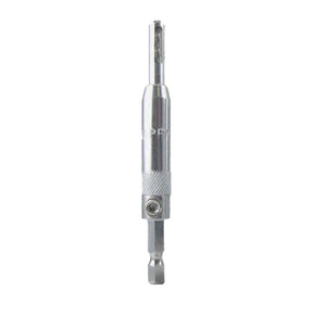 Self-centering drill bit for woodworking hinge installation, silver metal tool on white background