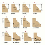 Ogee router bit profile chart showing shapes, radii, and measurements for woodworking cuts.