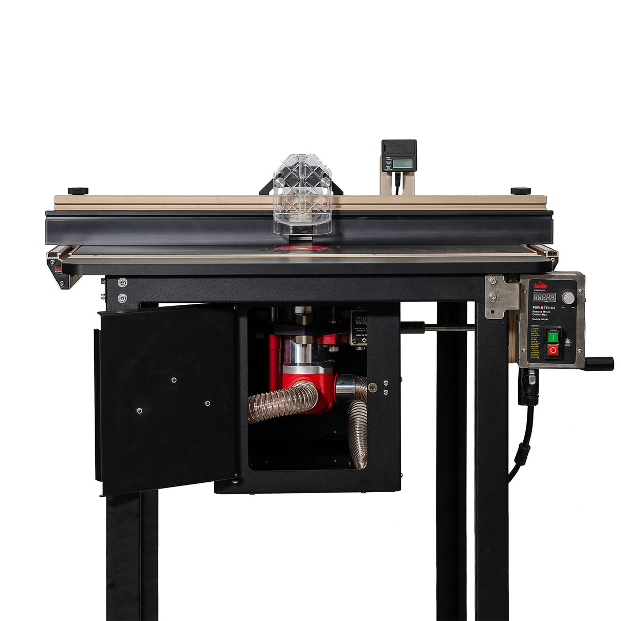 Professional woodworking router table with dust collection system and digital control panel
