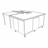 Router table setup with fence, extension wing, and cabinet storage for woodworking