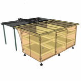 3D rendering of a woodworking table saw station with storage cabinets and extension wings