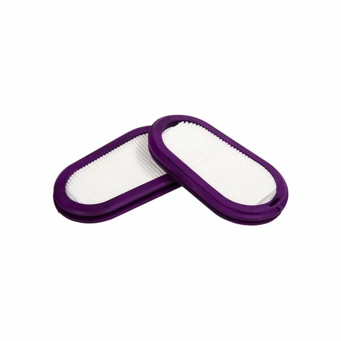 Pair of oval woodworking dust collector filters with purple trim on white background
