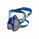 Full face respirator mask with clear visor and dual purple filters for woodworking safety