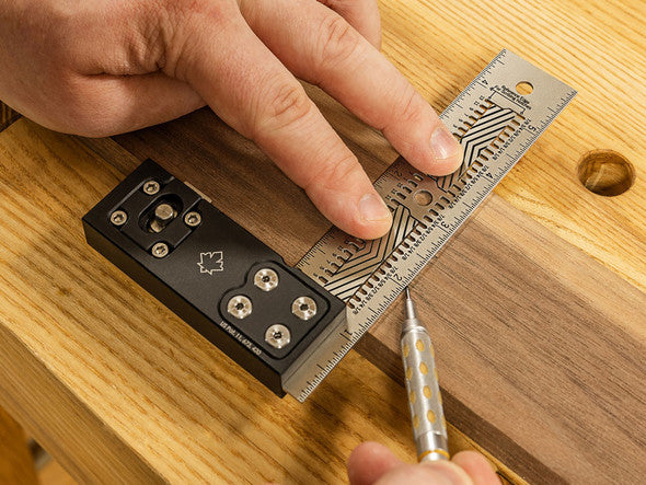 Precision woodworking marking gauge and ruler used for measuring and layout on hardwood