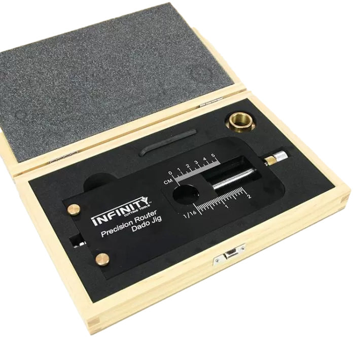 Precision router dado jig in a wooden storage case with measurement markings, woodworking tool