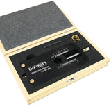 Precision router dado jig in a wooden storage case with measurement markings, woodworking tool