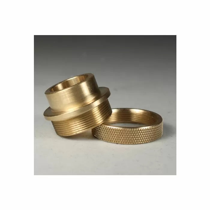 Brass router table insert ring and threaded adapter for woodworking tools