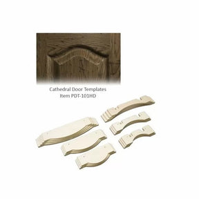 Cathedral door templates for woodworking, shown with finished wood cabinet door example.