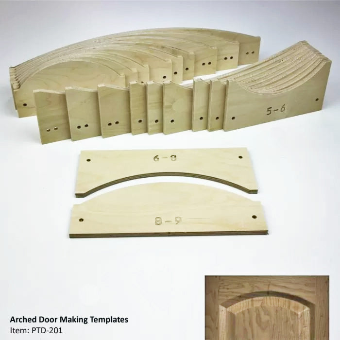 Wood arched door making templates set for woodworking, labeled with numbers, on white background.
