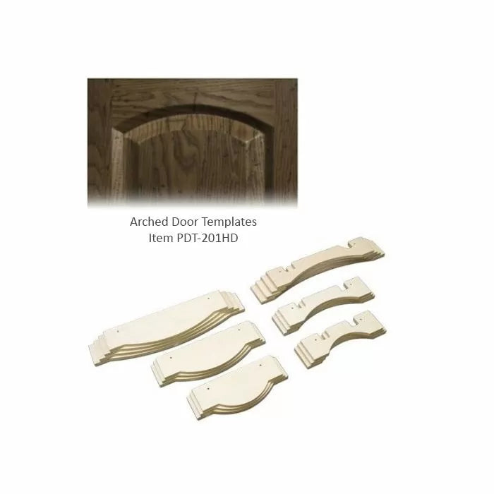 Arched door templates set for woodworking, shown with sample arched cabinet door.