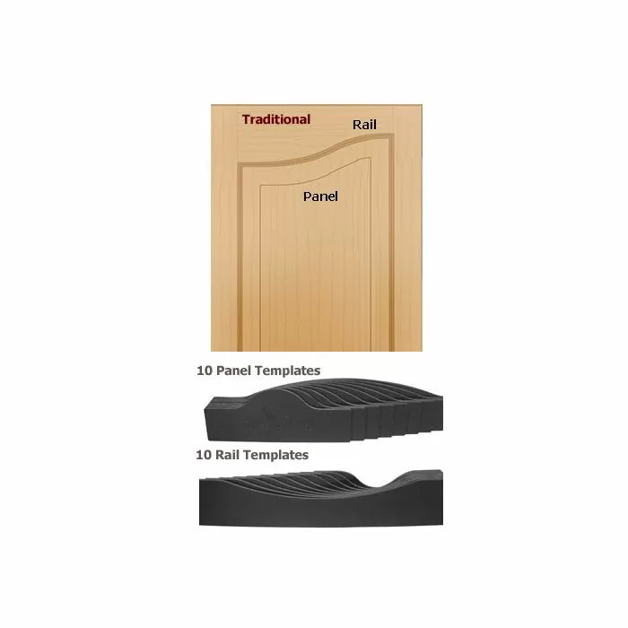 Traditional cabinet door with panel and rail templates for woodworking, includes 10 panel templates and 10 rail templates.