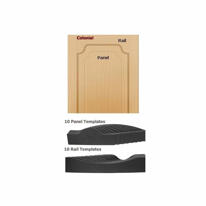 Wooden colonial cabinet door with labeled rail and panel, plus panel and rail routing templates