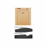 Wooden colonial cabinet door with labeled rail and panel, plus panel and rail routing templates