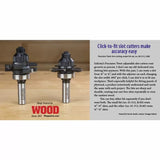 Precision Twist adjustable slot-cutting router bit set on wood surface with product details and Wood Magazine test badge visible.