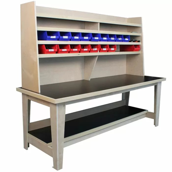 Woodworking workbench with shelving, bins, and storage compartments