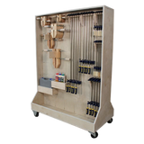 Wood clamp rack on wheels with clamps, glue bottles, storage shelves for woodworking tools