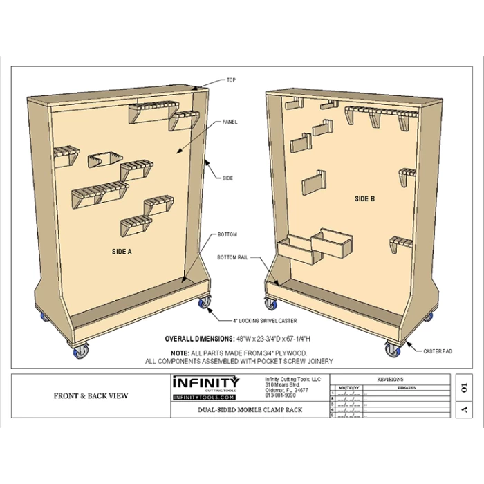Diagram of a dual-sided mobile clamp rack with labeled plywood parts and caster wheels for woodworking storage.