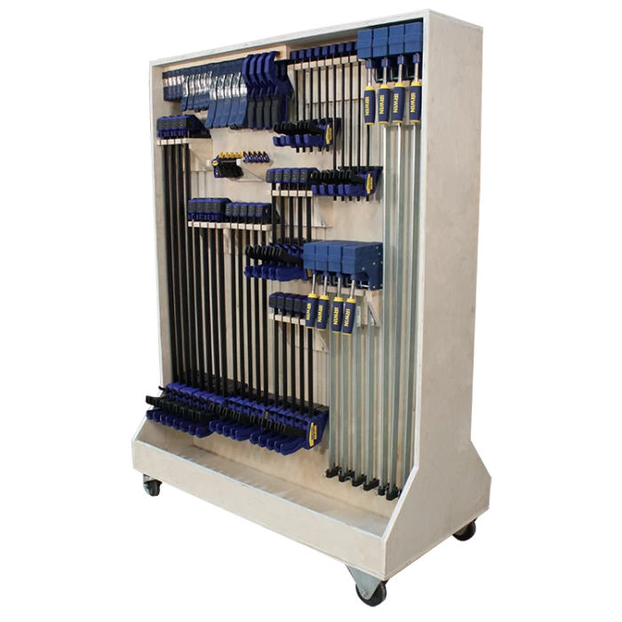 Woodworking clamp rack on wheels holding assorted bar and pipe clamps