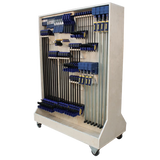 Woodworking clamp rack on wheels holding assorted bar and pipe clamps