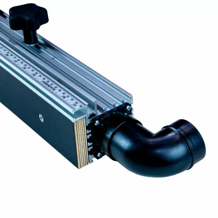 Router table fence with dust collection port and measuring scale for woodworking