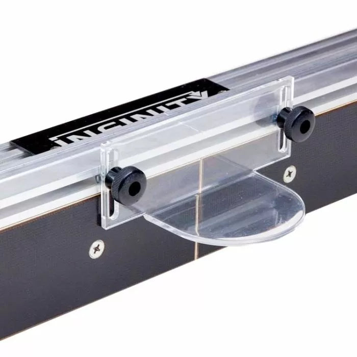 Clear router table bit guard attached to a router fence, woodworking safety accessory