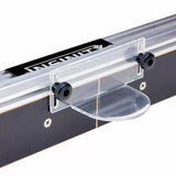 Clear router table bit guard attached to a router fence, woodworking safety accessory
