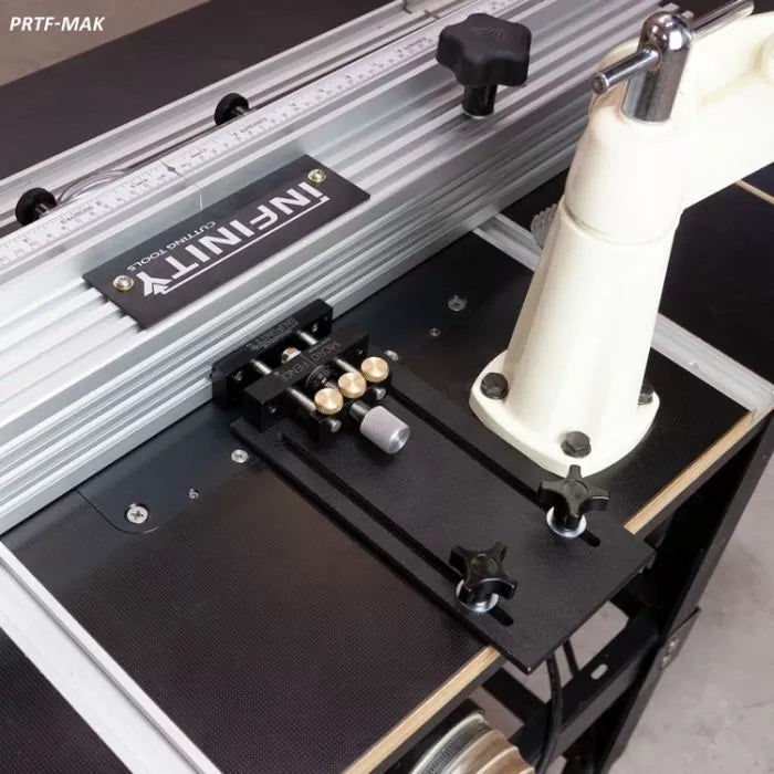 Router table fence system with precision micro-adjuster and dust collection arm for woodworking