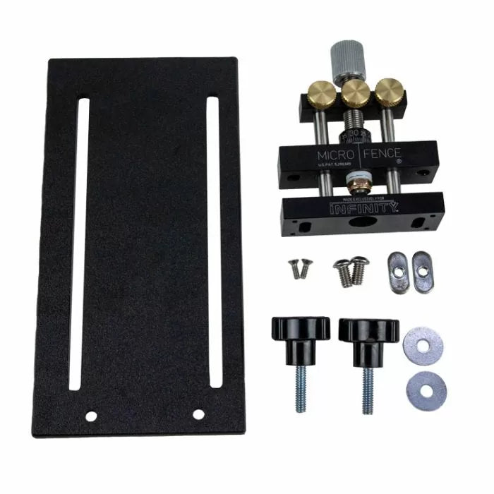 Router table micro fence jig kit with adjustment knobs, screws, and mounting plate